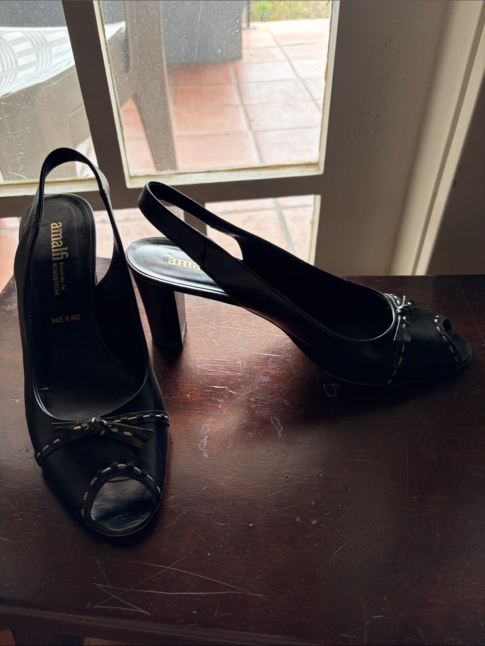 Amalfi Black Peep-Toe Slingback Heels with Bow Accent. Made in Italy. Size 9B